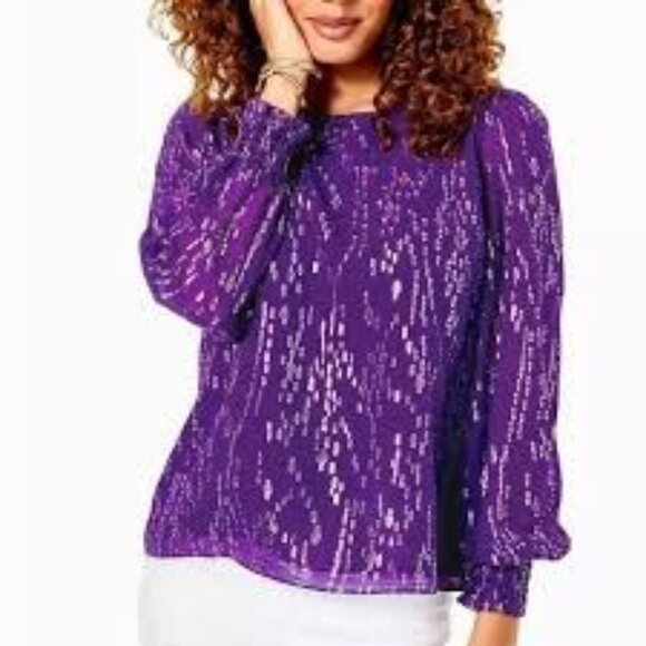 Lilly Pilitzer Idina Silk Top Size S Purple Party Resortwear Metallic Shimmer - Picture 1 of 11